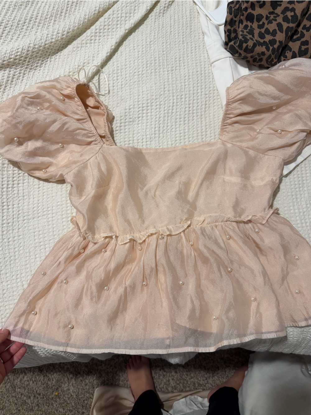 Lena Blush Pearl-Embellished Puff Sleeve Peplum Top - Picture 1 of 3